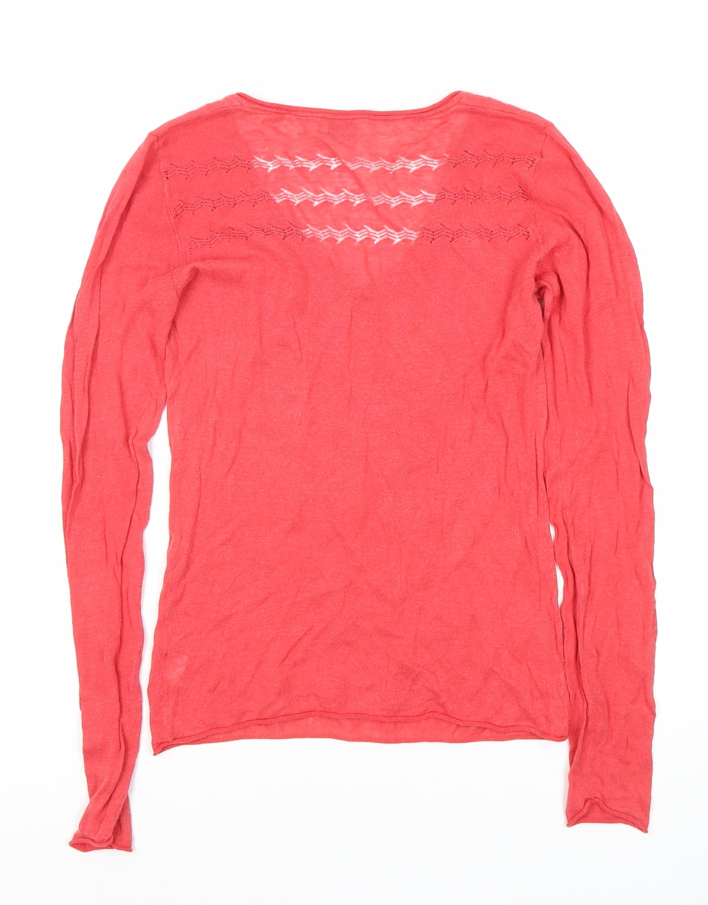Brora Women's Red V-Neck Linen Cotton Knit Long Sleeve Top