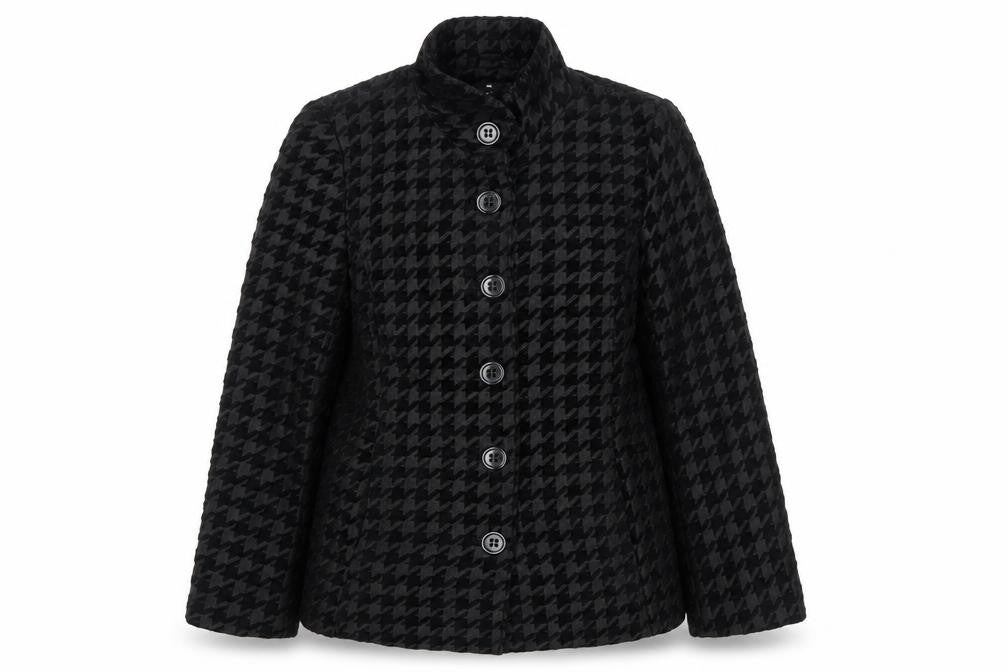 Front view of TIGI Women's Black Checkered Mid-Length Coat -, size 12