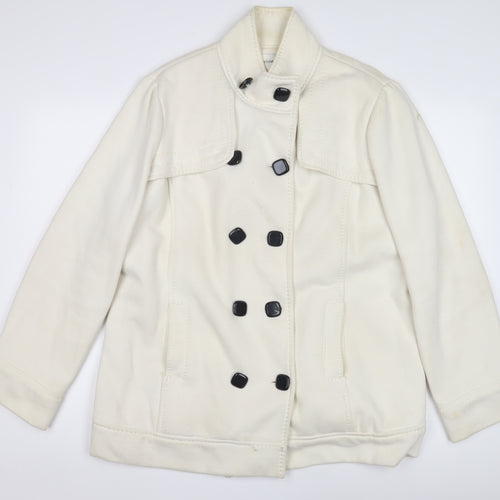 BHS Women's White Cotton Pea Coat, Size M, Double-Breasted