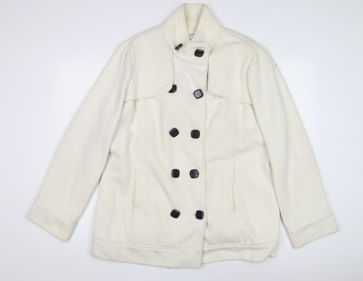 BHS Women's White Cotton Pea Coat, Size M, Double-Breasted
