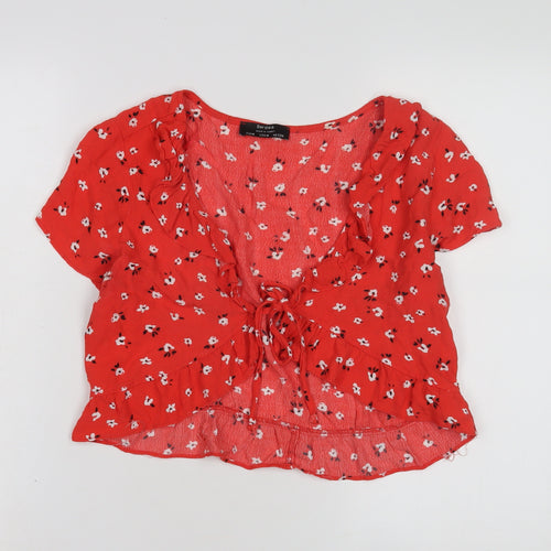 Bershka Women's Red Floral Ruffle Tie Shirt, Size M