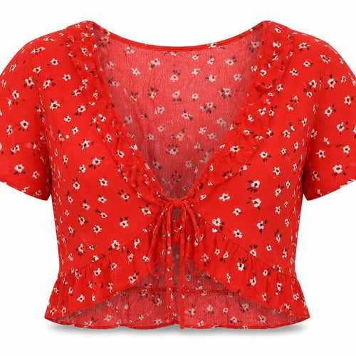 Bershka Women's Red Floral Ruffle Tie Shirt, Size M