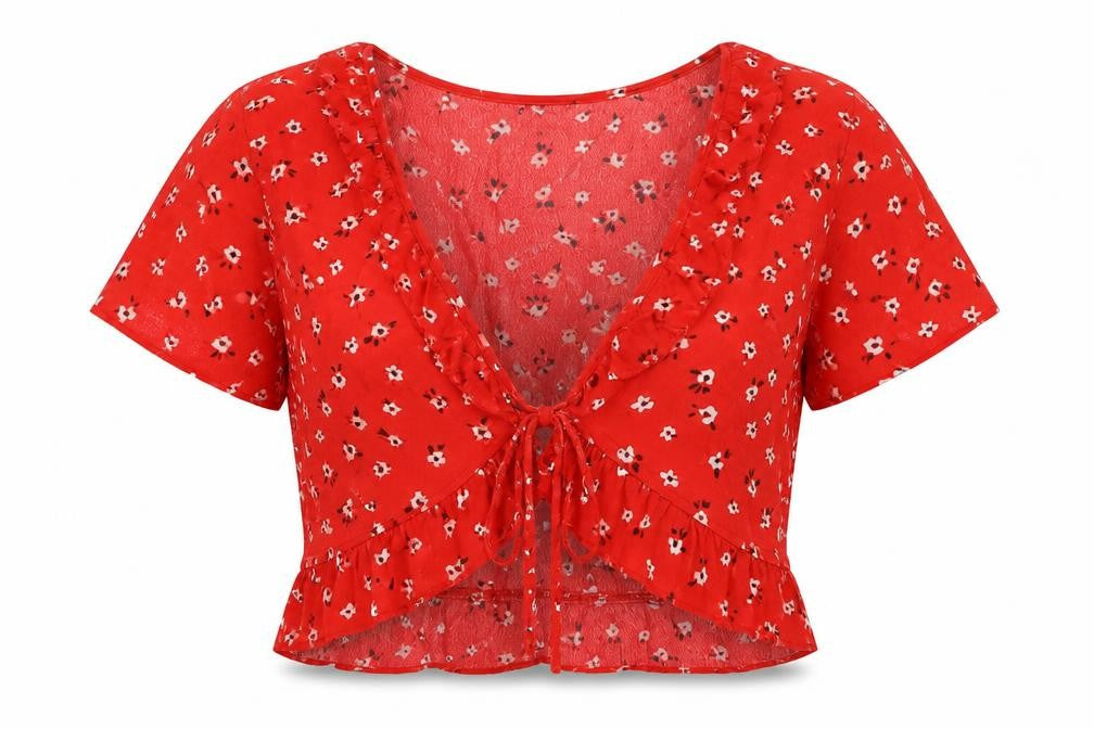Bershka Women's Red Floral Ruffle Tie Shirt, Size M