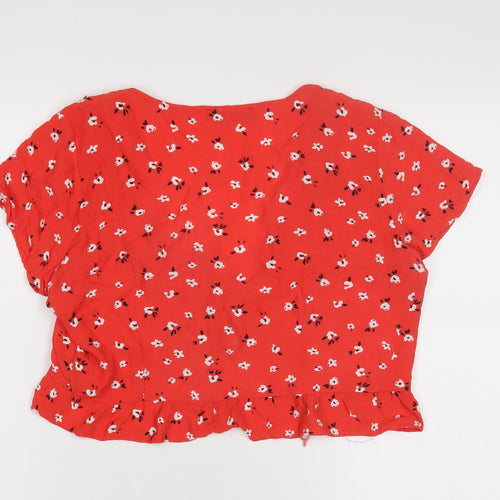 Bershka Women's Red Floral Ruffle Tie Shirt, Size M