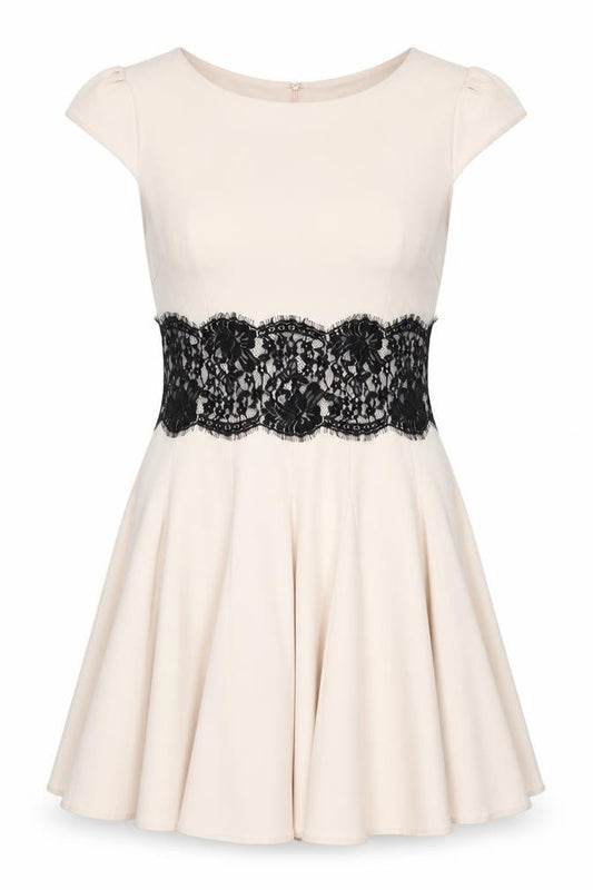 Front view of AX Paris Women's Beige Sleeveless Lace Skater Dress