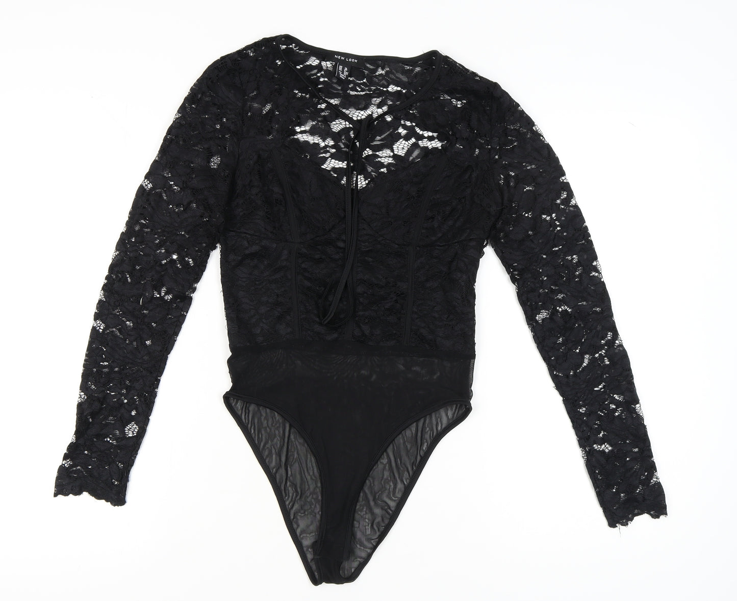 New Look Women's Black Lace Bodysuit, Size 12, Long Sleeve