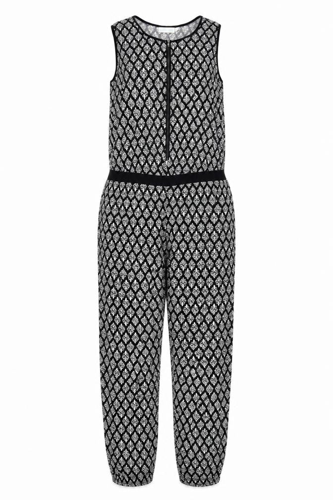 Front view of JoJo Maman Bébé Women's Black S Jumpsuit Geometric Sleeveless