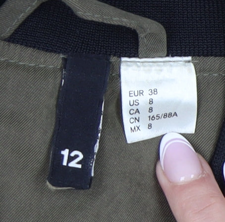 H&M Women's Green Bomber Jacket Size 12 Full Zip