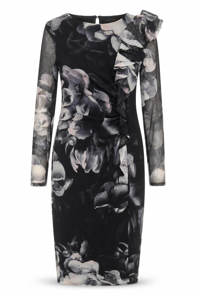 Front view of Coast Women's Black Floral Midi Bodycon Dress