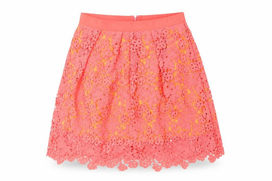 Front view of Whistles Women’s Orange Lace Pleated Skirt, size UK 12