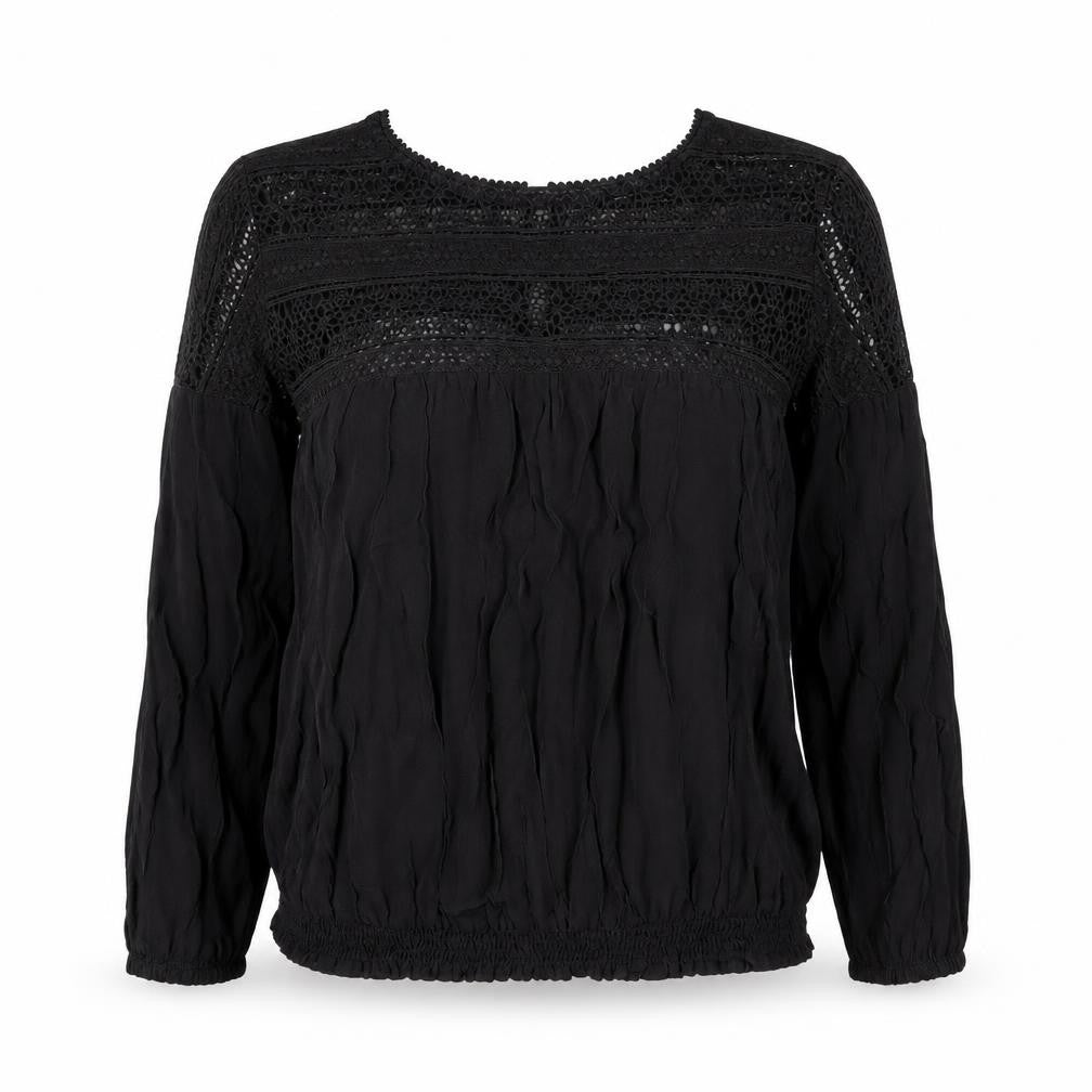 Front view of Oasis Black Crochet Women's Blouse, size 8, Long Sleeve