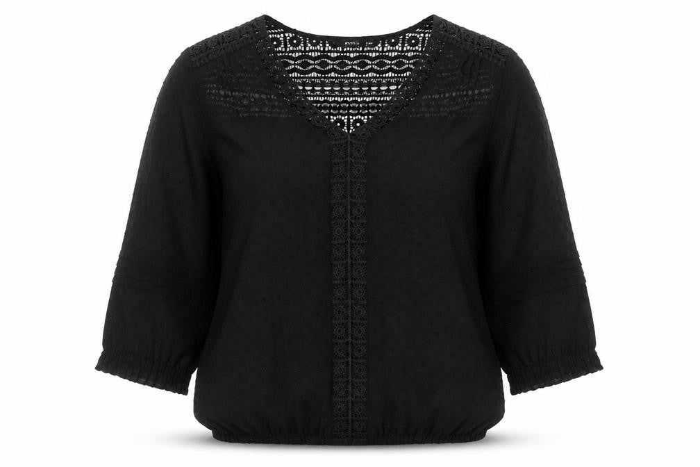Front view of Oasis Women's Black Crochet 3/4 Sleeve Blouse, size 8