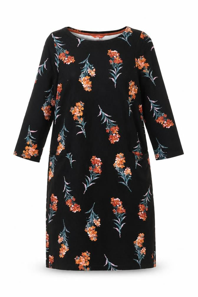 Front view of Joules Women's Black Floral Dress, size 8