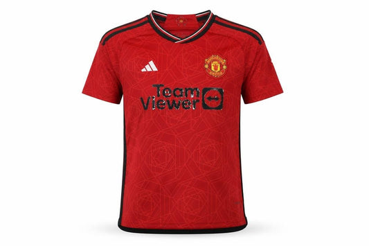 Front view of Adidas boys’ red manchester united football jersey, size 22