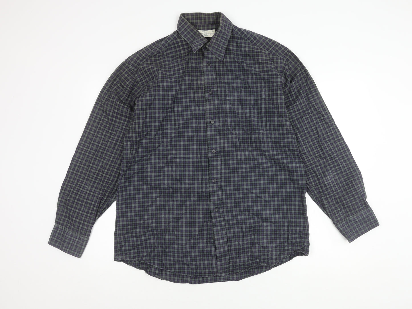 Marks and Spencer Men's Navy Check Shirt Size 16