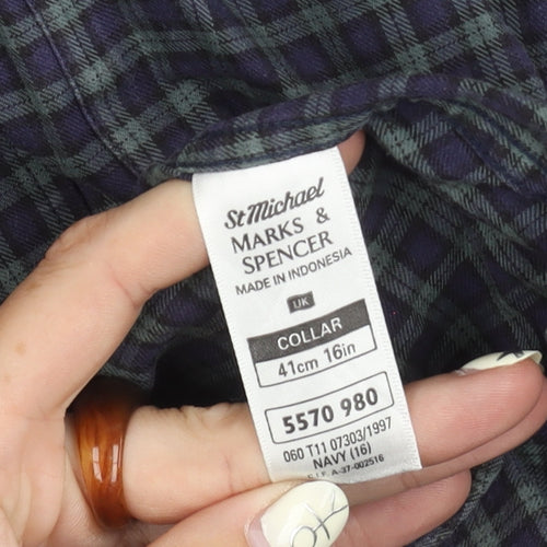 Marks and Spencer Men's Navy Check Shirt Size 16