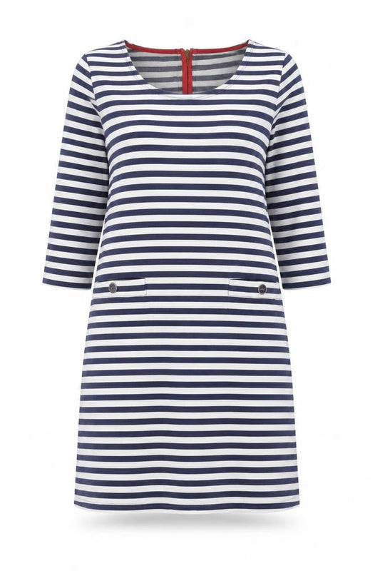 Front view of Joules Women's Blue Striped Dress, UK 10, Casual Spring