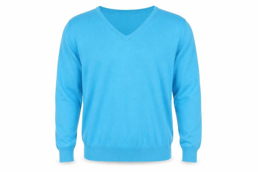 Front view of Woolovers Men's Blue V-Neck jumper - M