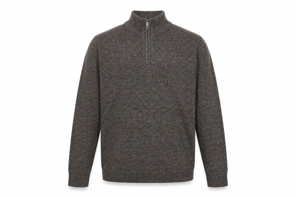 Front view of FatFace men’s brown mock neck 1/4 zip pullover - m