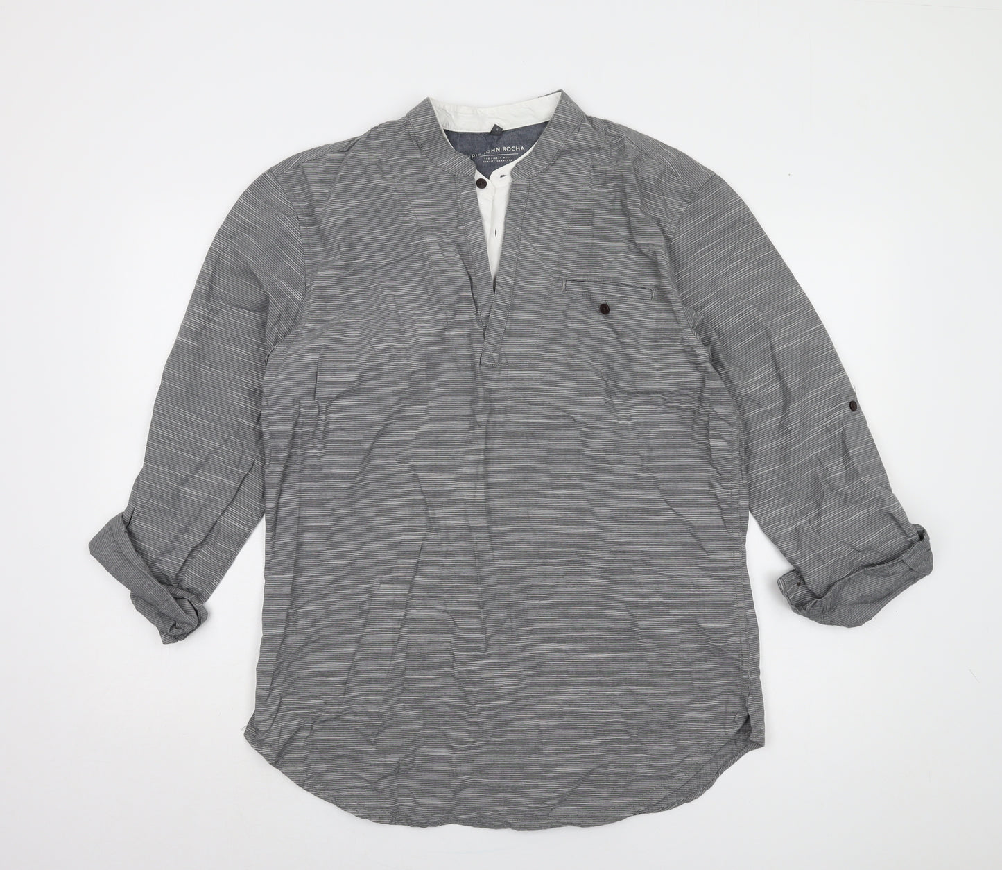 John Rocha Men's Grey Striped Long Sleeve Shirt M