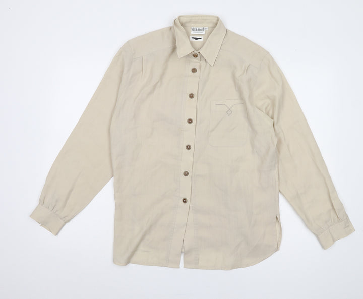 Delmod Women Beige Button-Up Shirt Size 12 Collared