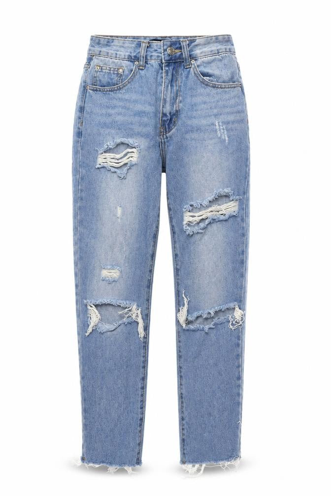 Front view of Momokrom Women's Blue Distressed Mom Jeans, size 6
