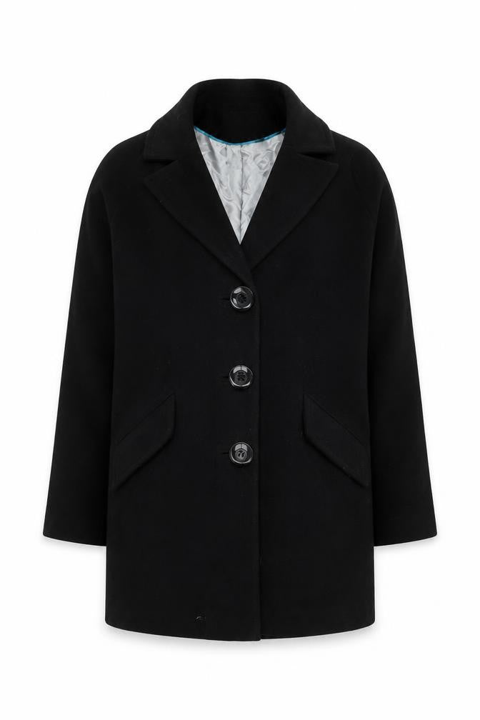 Front view of Wallis Women's Black Overcoat, size S, Button Collared