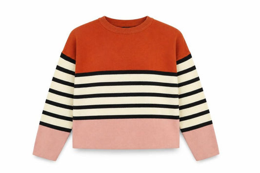 Front view of New Look girls’ striped jumper orange black age 14-15