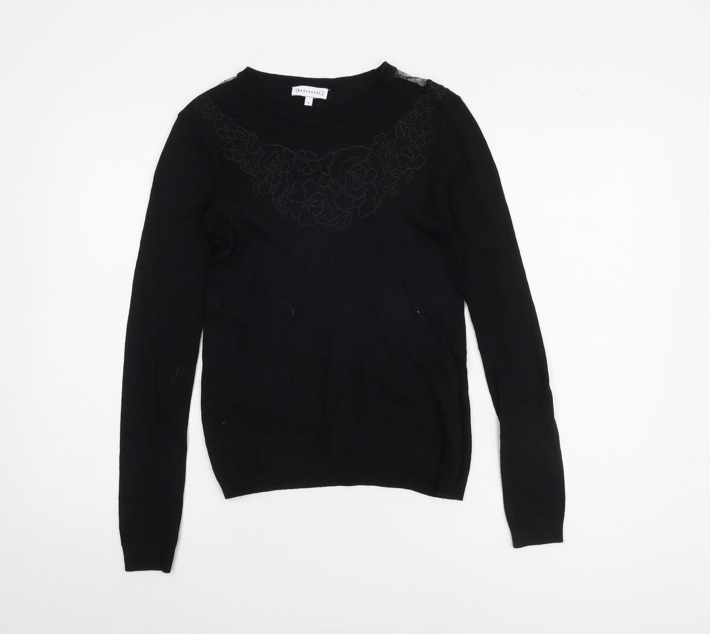 Warehouse Women's Black Crew Neck Lace Jumper Size 8