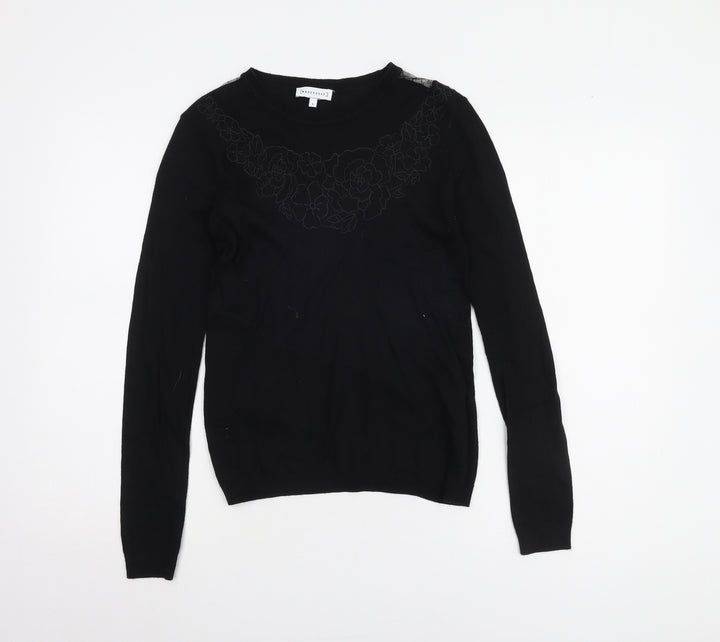 Warehouse Women's Black Crew Neck Lace Jumper Size 8