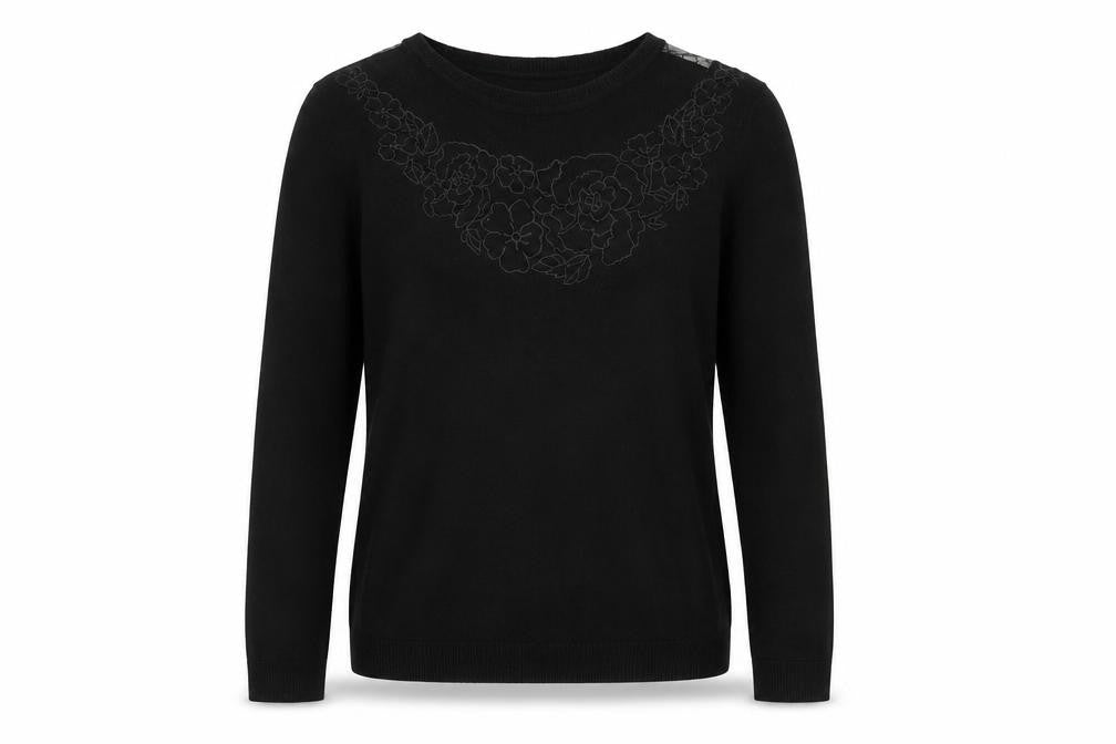 Front view of Warehouse Women's Black Crew Neck Lace Jumper, size 8