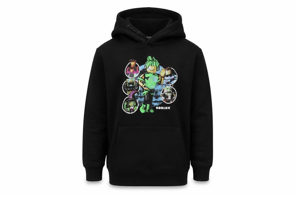 Front view of Roblox boys’ black pullover hoodie 12-13 years