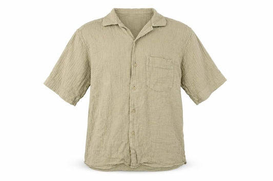 Front view of Collusion Men's Beige XS Casual Short Sleeve Button-Up Shirt