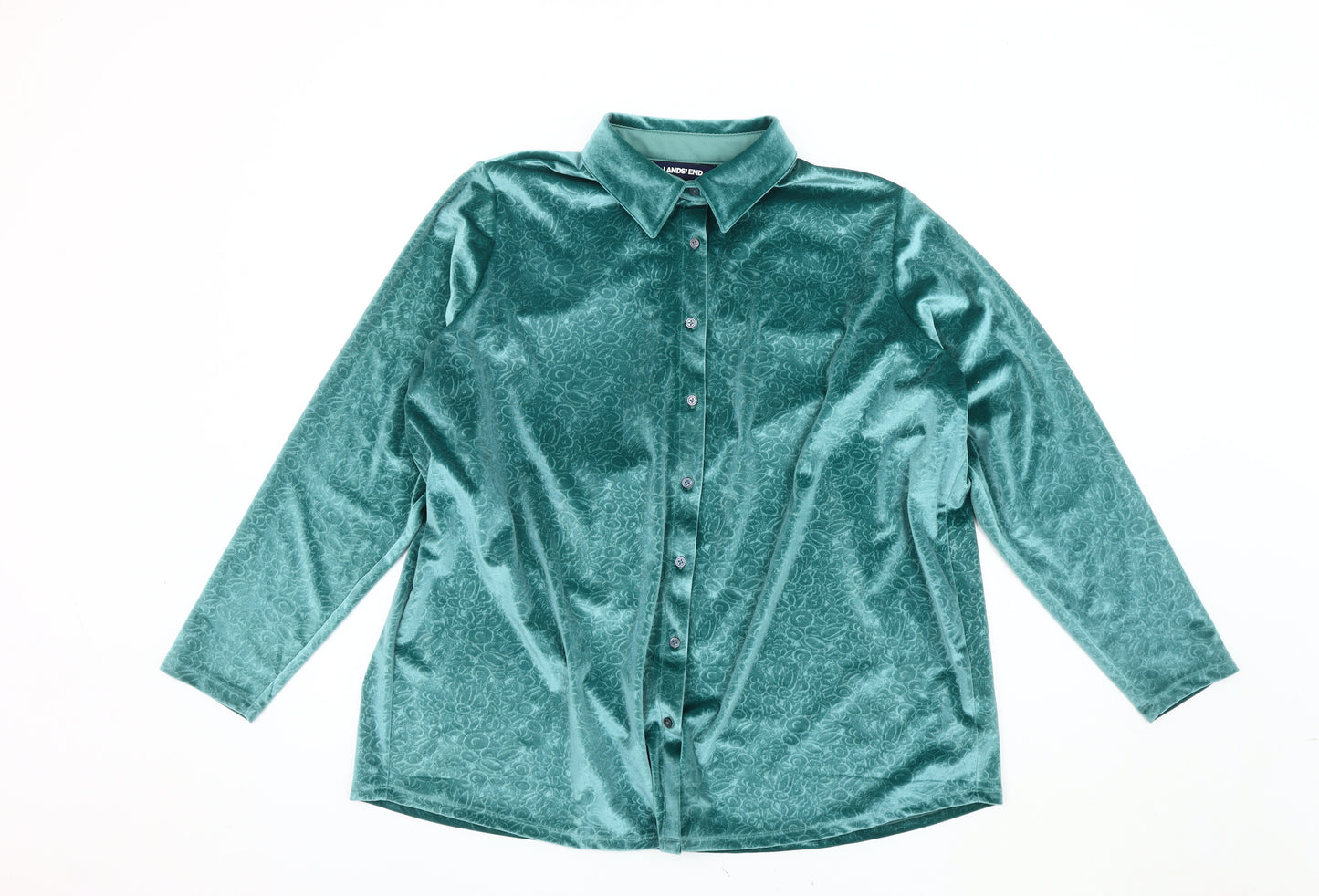 Lands' End Green Velvet Button-Up Shirt - Women Plus Size