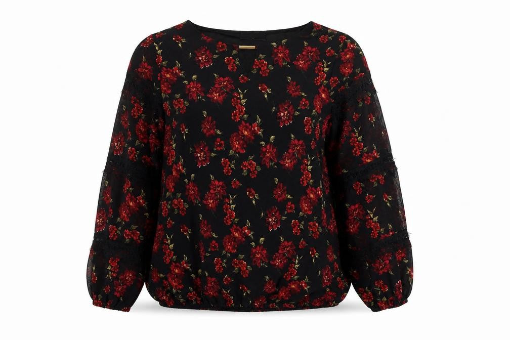 Front view of Klass Women's Black Floral Blouse, size 12