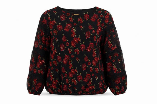 Front view of Klass Women's Black Floral Blouse, size 12