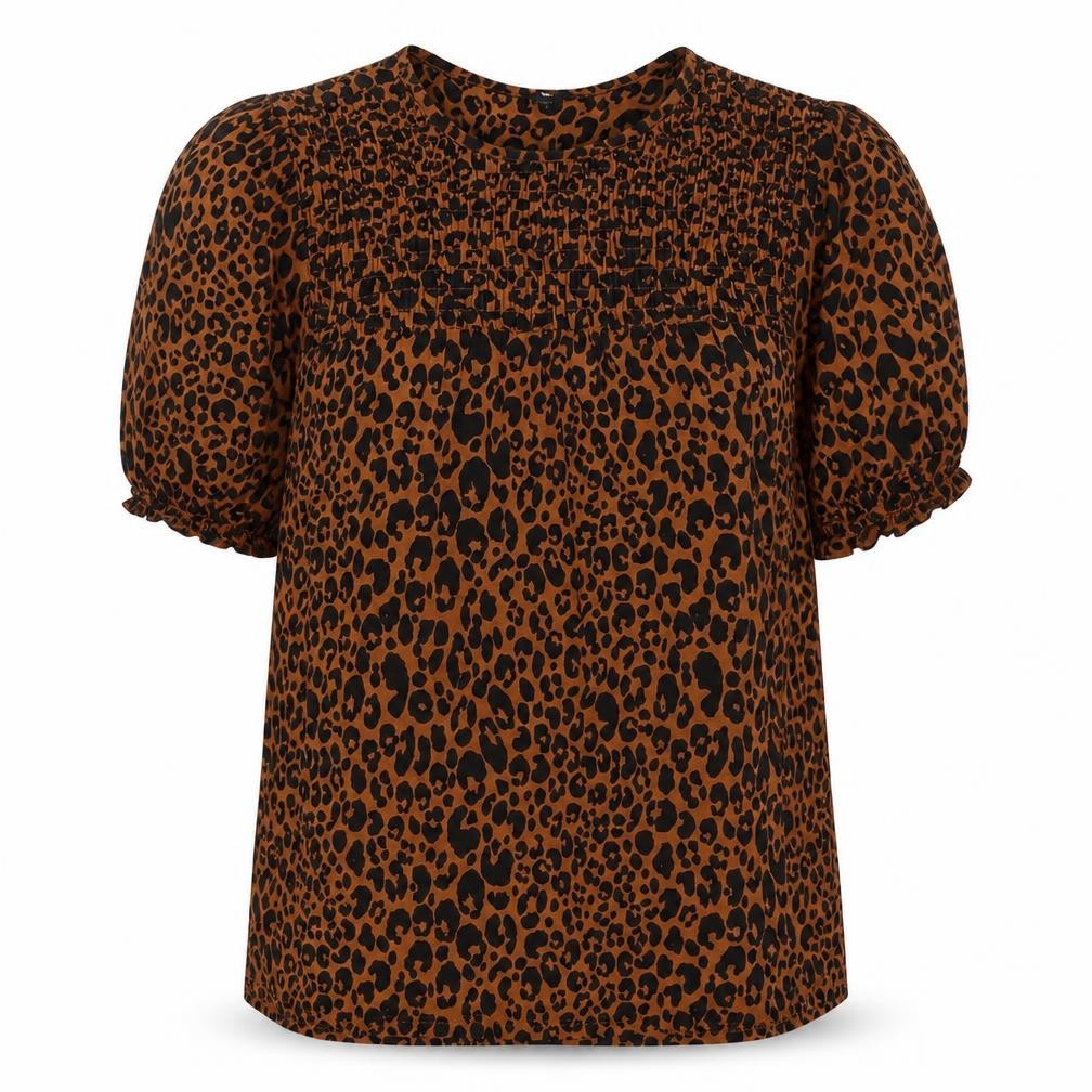 Front view of Next Women's Brown Animal Print Blouse, size 12, Regular Fit