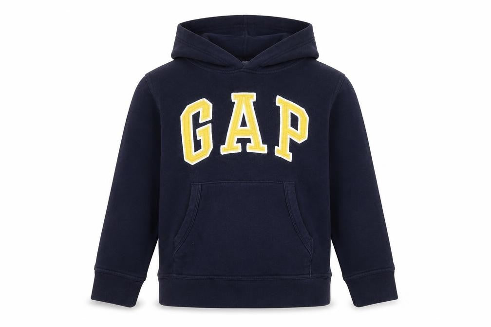 Front view of Gap boys’ blue pullover hoodie with logo, size 8-9, years