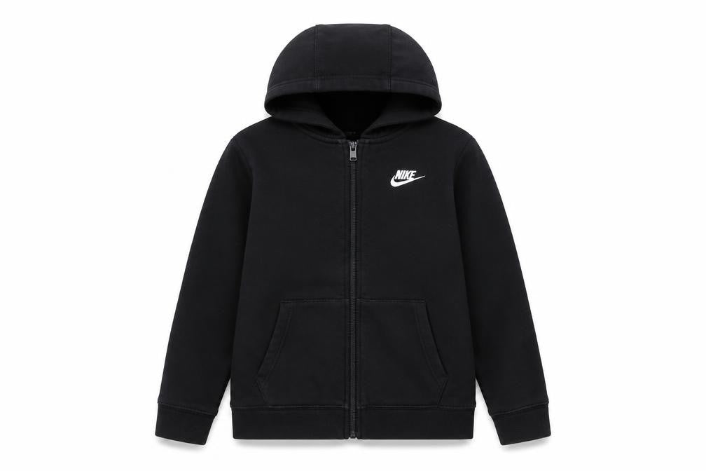 Front view of Nike boys’ black full zip hoodie -, size L, logo accent