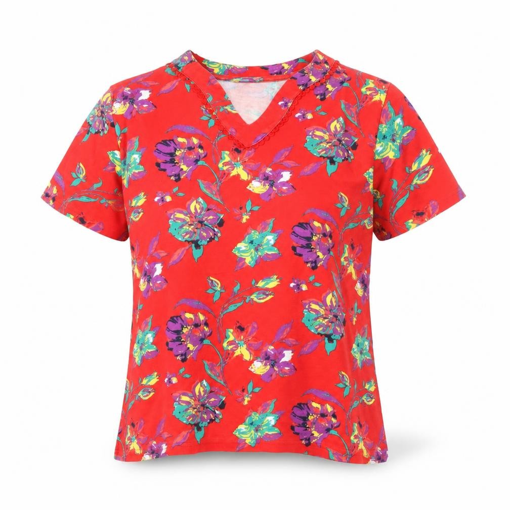 Front view of ISLE Essentials Women's Red Floral T-Shirt, size 14