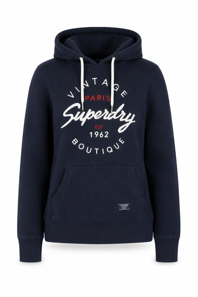 Front view of Superdry Women's Blue Pullover Hoodie, size 6