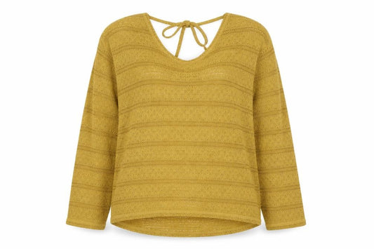 Front view of Next Women's Yellow Open-Knit Striped Jumper, size 12