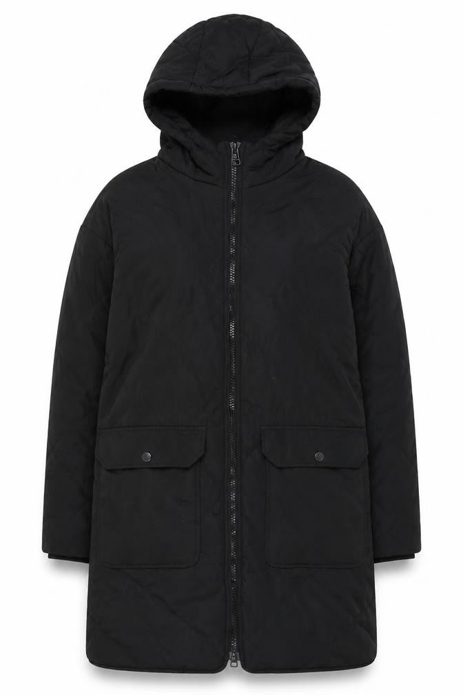 Front view of H&M Women's Black Quilted Coat XS, Hooded & Warm