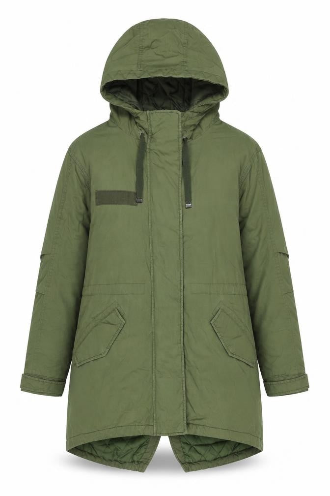 Front view of Topshop Women's Green Parka Jacket, size 6, Hooded