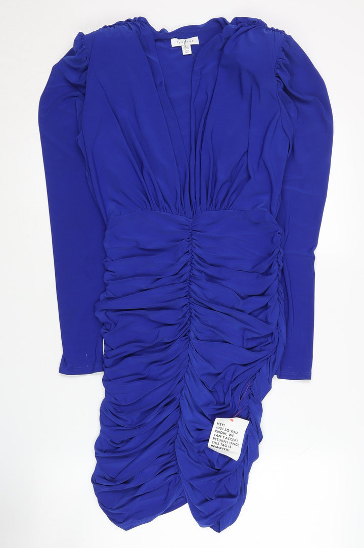 Topshop Women's Blue Ruched Long Sleeve Dress 8-10