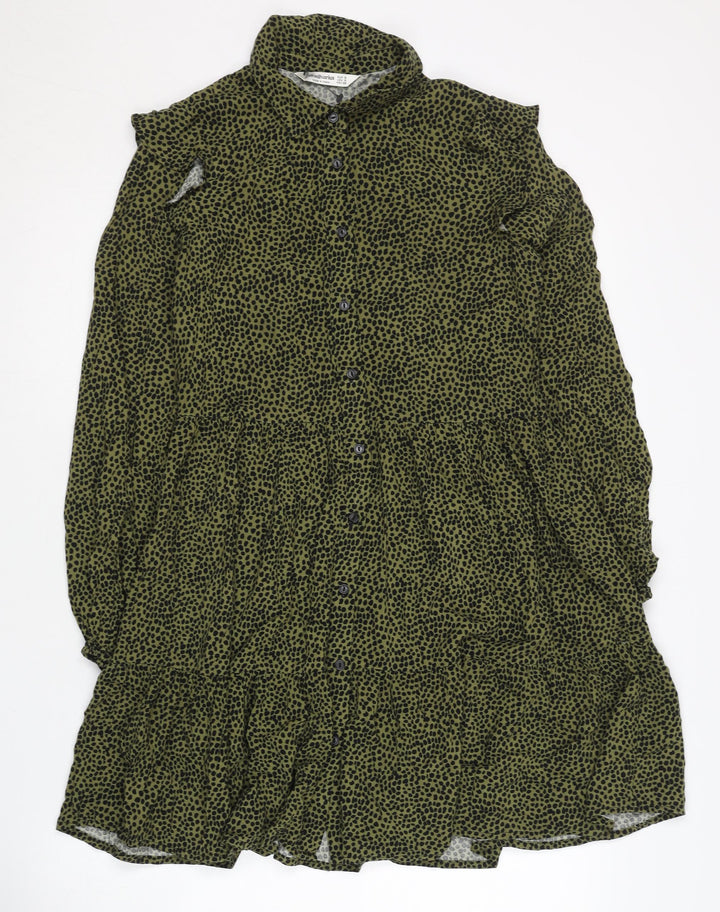 Stradivarius Women's Green Animal Print Shirt Dress