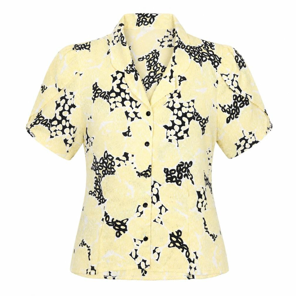 Front view of Your Sixth Sense Women's Yellow Floral Button-Up, size 10
