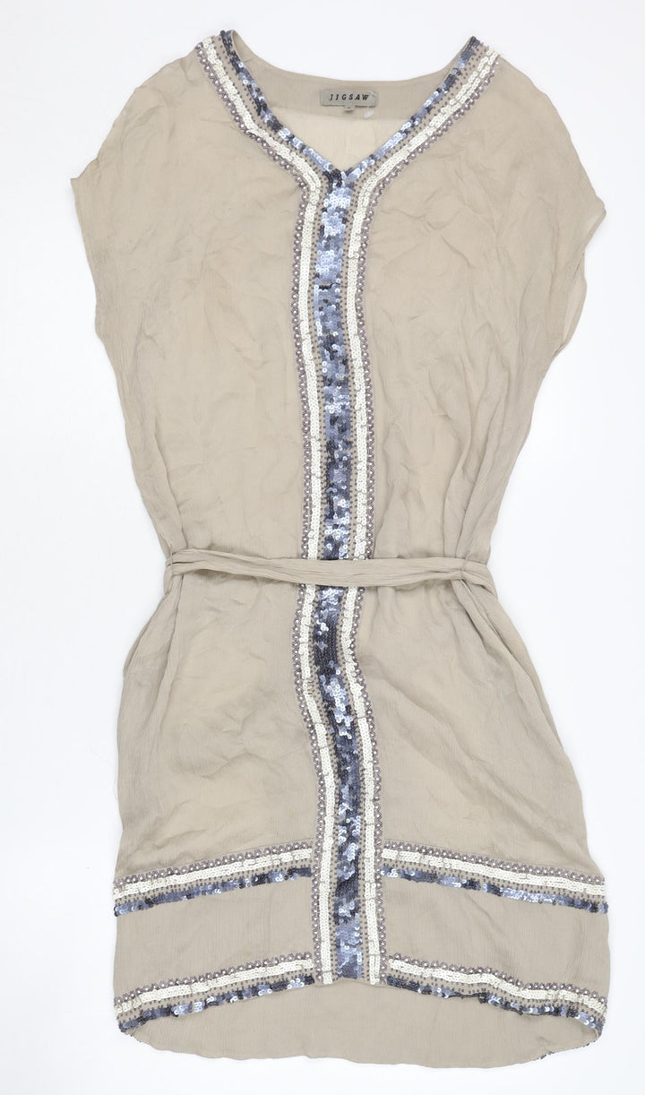 Jigsaw Women's Beige Silk Belted Sequin Dress, Size S