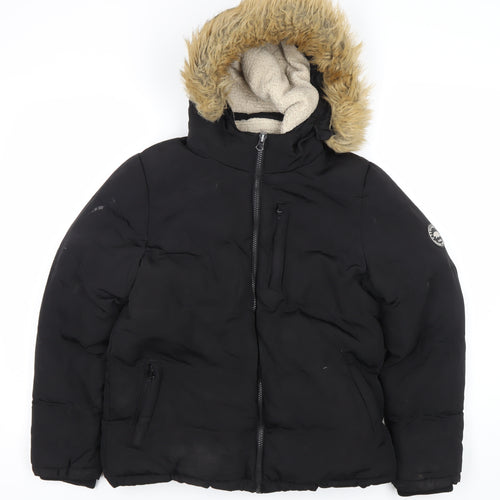 SoulCal & Co Black Girls' Puffer Jacket Size 13 Years with Fur Hood