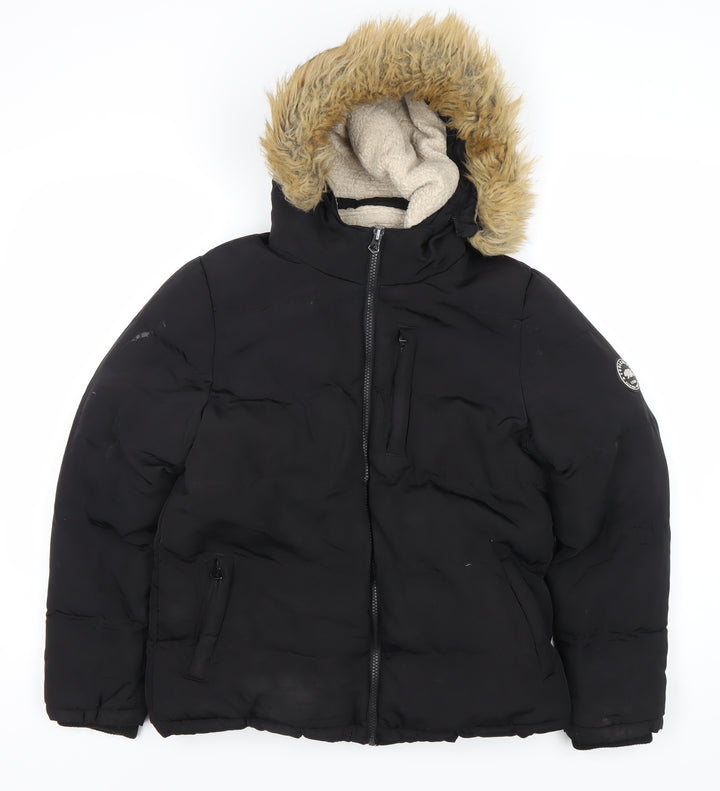 SoulCal & Co Black Girls' Puffer Jacket Size 13 Years with Fur Hood
